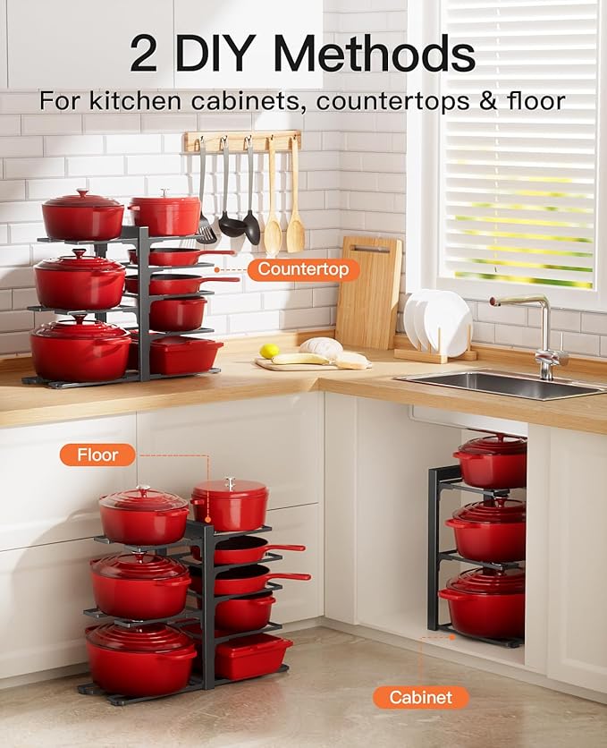 ORDORA Pots and Pans Organizer Rack for Cabinet, 15.83" Height 8-Tier Heavy Duty 120LBS Pot Pan Organizer under Cabinet Adjustable for Dutch Oven, Cast-iron Pan, Heavy Skillets Griddles, Shallow Pot - Image 3