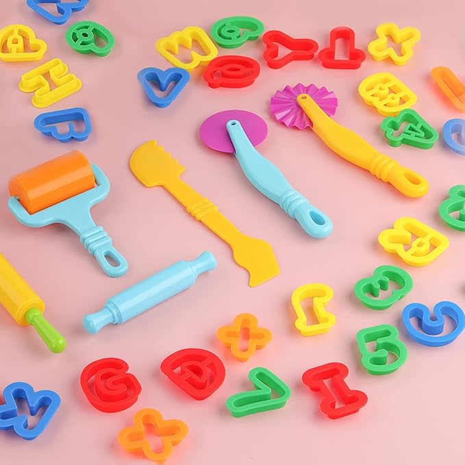 Dough Tools 47 PCS Dough Play Tools Set for Kids, Plastic Alphabet Numbers Cutters, Rollers, Rolling Pins - Image 6