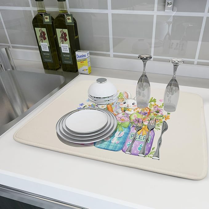 Easter Bunny Carrots Dish Drying Mat for Kitchen Counter,Spring Colorful Flowers Mason Jar Drying Mat 18 x 24 Inch with Absorbent Reversible Microfiber Drying Pad for Coffee Bar - Image 6