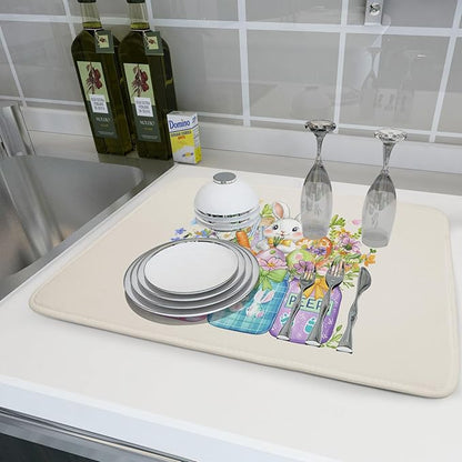 Easter Bunny Carrots Dish Drying Mat for Kitchen Counter,Spring Colorful Flowers Mason Jar Drying Mat 18 x 24 Inch with Absorbent Reversible Microfiber Drying Pad for Coffee Bar - Image 6