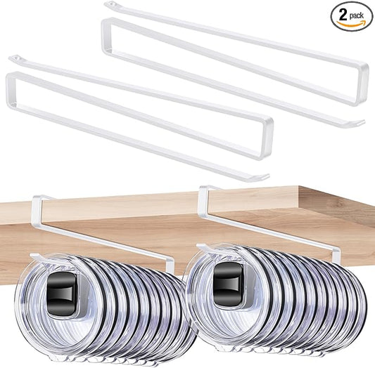 2 Pack Tumbler Lid Organizer, Cup Lid Holder for 24 Lids Under Cabinet, Space Saving Hook for Kitchen Storage and Coffee Cups, No Drilling, Carbon Steel, (White)