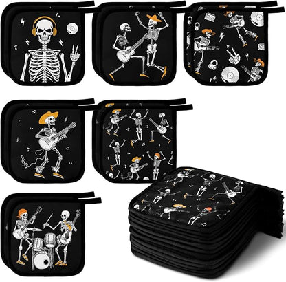 Bencailor 12 Pcs Pot Holders with Pocket Kitchen Hot Potholders Hot Pad Oven Mitts Cookie Bag Oven Gloves for Kitchen Gift Baking Cooking(Dark Black,Skull)