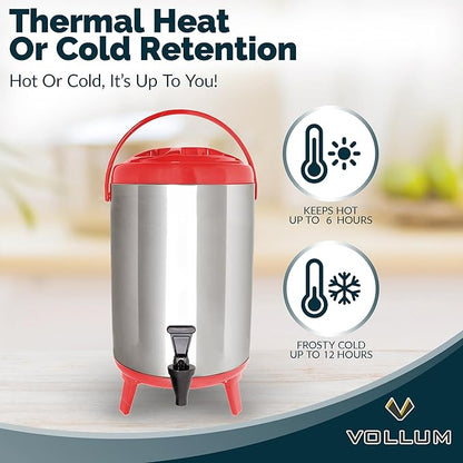 Vollum Stainless Steel Insulated Beverage Dispenser – Insulated Thermal Hot and Cold Coffee Carafe – 8 Liter Drink Dispenser with Spigot for Hot Water, Tea & Coffee, Cold Milk, Juice & More RED