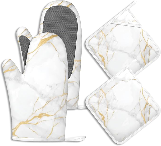 White Gold Marble Pot Holders and Oven Mitts Set Silicone Abstract Marble Kitchen Gloves Potholders Heat Resistant Washable,Chef Cooking Baking Gifts for Women Men Bakers Lover Cooks
