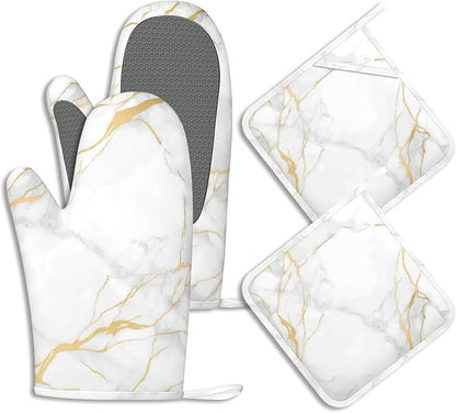 White Gold Marble Pot Holders and Oven Mitts Set Silicone Abstract Marble Kitchen Gloves Potholders Heat Resistant Washable,Chef Cooking Baking Gifts for Women Men Bakers Lover Cooks