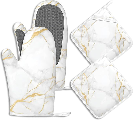 White Gold Marble Pot Holders and Oven Mitts Set Silicone Abstract Marble Kitchen Gloves Potholders Heat Resistant Washable,Chef Cooking Baking Gifts for Women Men Bakers Lover Cooks