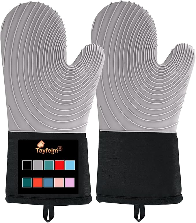 Silicone Oven Mitts-13.6 in Extended Oven Mitts Heat Resistant 500F, Oven Gloves with Soft Liner Good Grippy BPA-Free Easy to Clean Flexible-Oven Mits Set for Cooking Baking Grilling BBQ by Tayfeim