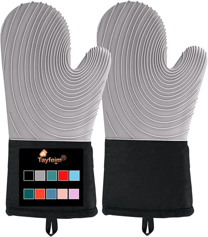 Silicone Oven Mitts-13.6 in Extended Oven Mitts Heat Resistant 500F, Oven Gloves with Soft Liner Good Grippy BPA-Free Easy to Clean Flexible-Oven Mits Set for Cooking Baking Grilling BBQ by Tayfeim