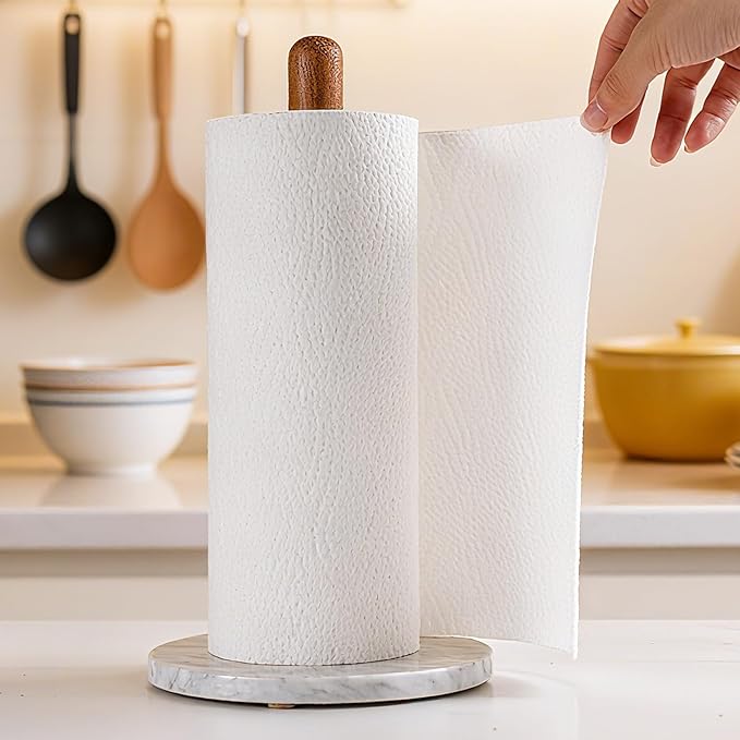 Acacia Wood & Marble Paper Towel Holder – Freestanding Paper Towel Holder for Countertop, Weighted for One-Handed Use, for Kitchen, Bathroom, Office - Image 4
