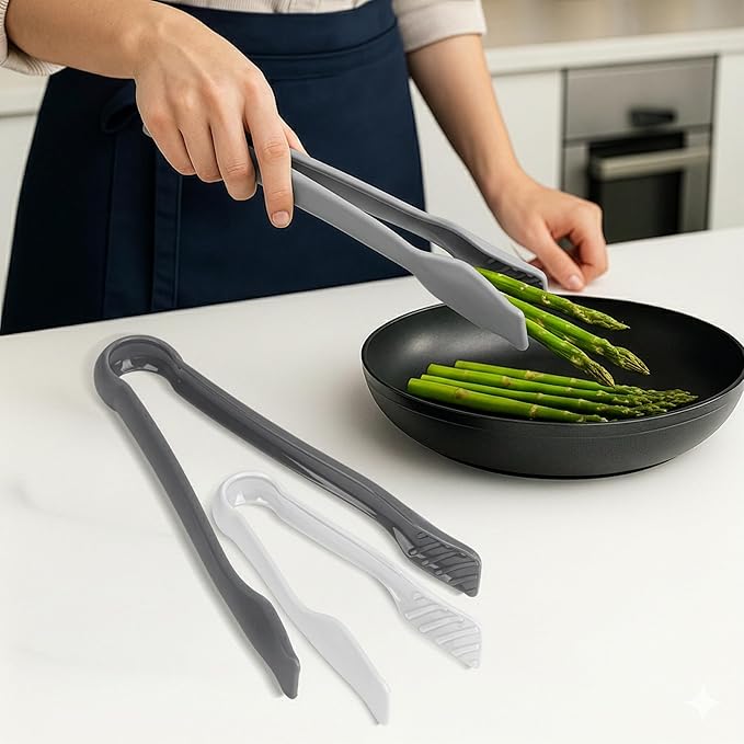DecorRack 3 Pcs 6” x 8” x 10” Multi Cologray Plastic Tong Set, 3 Pack Durable BPA-Free Quality Heavy Duty Perfect for BBQ, Grilling, Salad, Buffets and Kitchen (White, Gray)