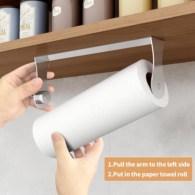 Paper Towel Holder Under Cabinet, Wall Mount Paper Towel Holder for Kitchen Bathroom, Stainless Steel, Adhesive or Screws, Silver - Image 3
