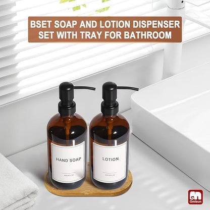 GMISUN Amber Glass Soap Dispenser, 2 Pack Bathroom Hand Soap Dispensers with Bamboo Tray, 17 Fl Oz Kitchen Hand and Dish Soap Dispenser Set, Modern Vintage Liquid Brown Soap Dispensers Bottle - Image 5