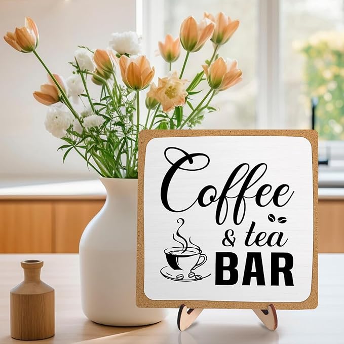 Rustic Coffee & Tea Bar Decor Sign,Funny Wooden Plaque for Cafe Bar,Coffee Station,or Shelf, Farmhouse Kitchen Cafe & Tea Accessories for Home or Office 5.9 x 5.9Inch(White+Brown04) - Image 3