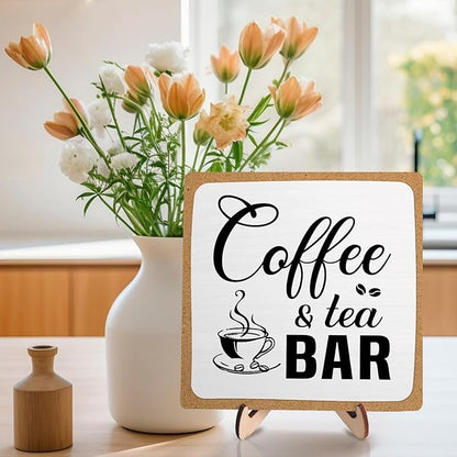 Rustic Coffee & Tea Bar Decor Sign,Funny Wooden Plaque for Cafe Bar,Coffee Station,or Shelf, Farmhouse Kitchen Cafe & Tea Accessories for Home or Office 5.9 x 5.9Inch(White+Brown04) - Image 3