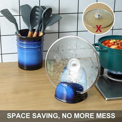 Nihow Pot Lid Holder: Stable Ceramic Pan Lid Holder for Kitchen Counter Decor/Countertop/Stove Top- Heat Resistant & Dishwasher Safe - Elegant Black & Blue (1PC) - Image 3