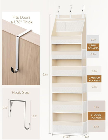 Criusia 2 Pack Over the Door Organizer, 6-Shelf Closet Hanging Storage with 13 Mesh Pockets, 55lbs Capacity Behind the Door Storage for Baby Nursery, Bathroom, Bedroom, and Dorm, Beige - Image 2