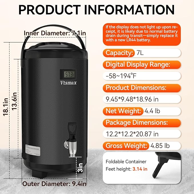Commercial Insulated Beverage Dispenser with Stand, 2 Gallon Stainless Steel Hot & Cold Drink Dispenser with Temperature Display, Spigot for Tea and Coffee(Black) - Image 7