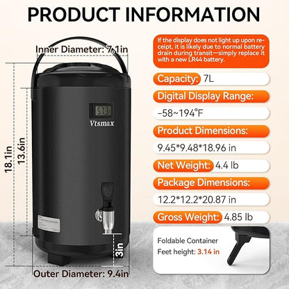 Commercial Insulated Beverage Dispenser with Stand, 2 Gallon Stainless Steel Hot & Cold Drink Dispenser with Temperature Display, Spigot for Tea and Coffee(Black) - Image 7