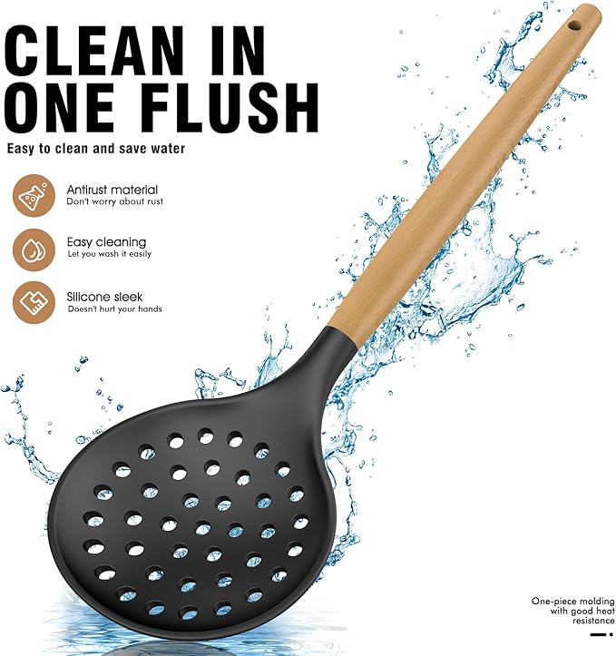 Silicone Cooking Utensils Set Utensil Sets - 446°F Heat Resistant Silicone Kitchen Utensils Set Wooden Handles, Silicone Utensils for Cooking w Holder for Non-Stick Cookware BPA FREE (Black) - Image 8