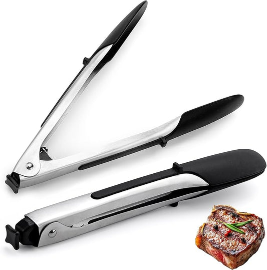 600ºF Heat Resistant Kitchen Tongs, 9.57 inch Tongs for Cooking with Silicone Tips, Non Scratch, Locking Tong for BBQ Grilling Air Fryer Food Salads, Set of 2