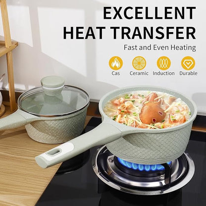 Sauce pan set 4 Pcs 1.5Qt & 2.0Qt SaucePan Set with Lid, Non Stick Sauce Pot for Cooking, Easy to Clean, 100% Free PFOA PFAS Cooking all stovetop - Green Granite - Image 5