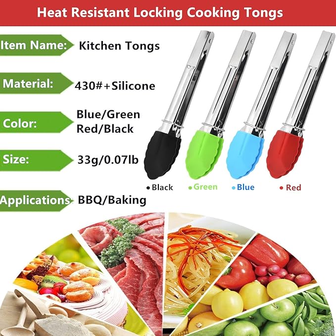 Mini Kitchen Tongs with Silicone Tips, 3-Piece Set, 7-Inch Non-Stick Small Tongs with Stainless Steel Silicon Handles, Heat Resistant for Cooking and Serving (Multi-Color) - Image 4