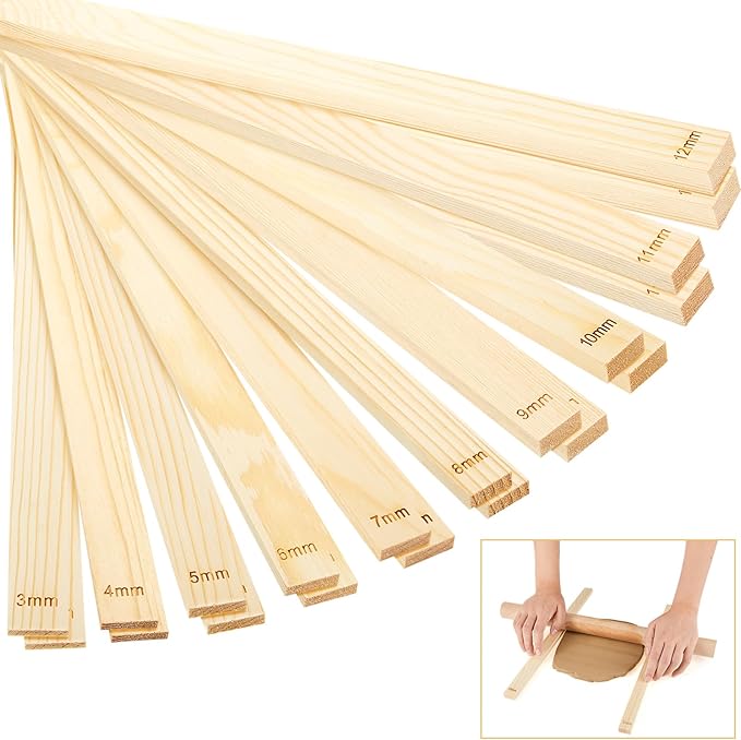 Sasylvia 20 Pcs Pottery Rolling Pin Guides Wood Teaching Rolling Mud Stick Guide Set Polymer Clay Depth Guide Pottery Tools Clay Mudboard Tools (10 Size,Wood Color) by Sasylvia