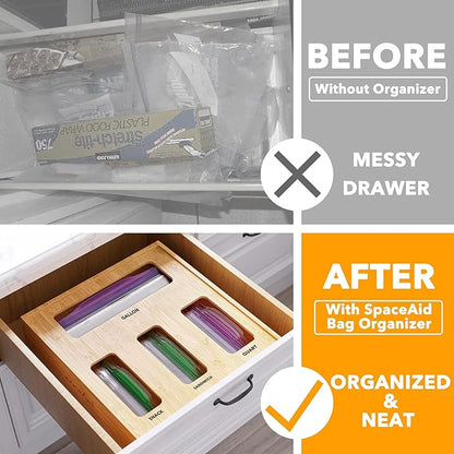 SpaceAid Bag Storage Organizer for Kitchen Drawer, Bamboo Organizer, Compatible with Gallon, Quart, Sandwich and Snack Variety Size Bag (1 Box 4 Slots, Natural, 2" High) - Image 2