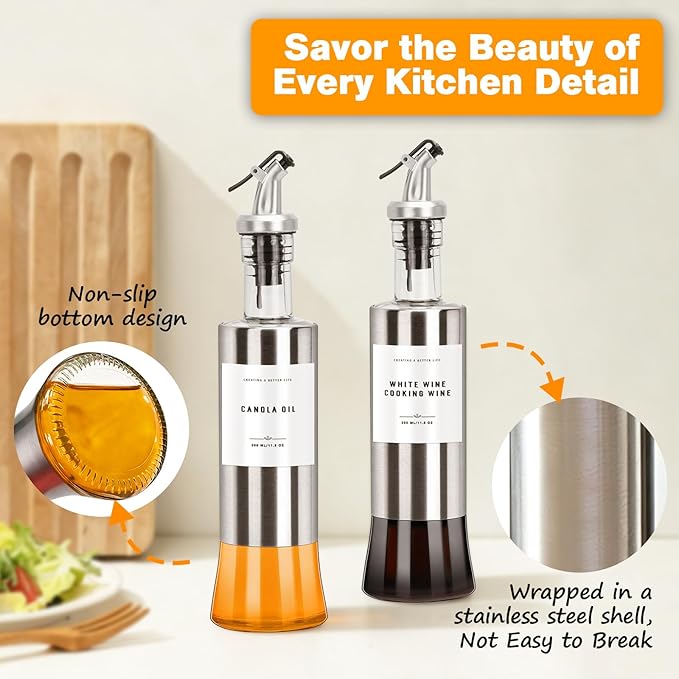 Olive Oil Dispenser Bottles for Kitchen with Bamboo Tray, Oil and Vinegar Dispenser Set, Stainless Steel Glass Dispensers for Kitchen, Dispenser Bottle of 300ml - Set of 2 - Image 4