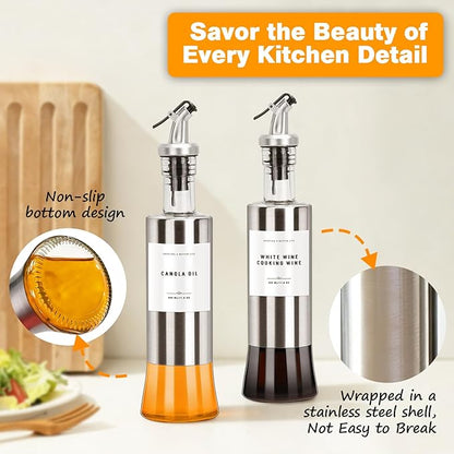 Olive Oil Dispenser Bottles for Kitchen with Bamboo Tray, Oil and Vinegar Dispenser Set, Stainless Steel Glass Dispensers for Kitchen, Dispenser Bottle of 300ml - Set of 2 - Image 4