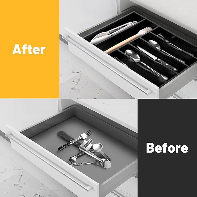 Kitchen Bamboo Silverware Organizer, Kitchen Drawer Organizer - Utensil Holder and Cutlery Tray with Grooved Drawer Dividers for Flatware 7 Slot, Black - Image 2