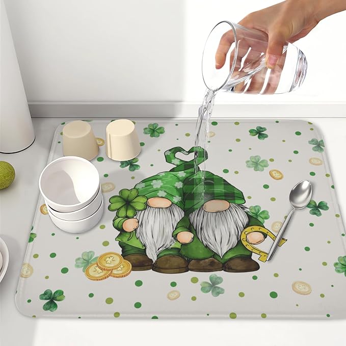 St Patrick's Day Gnome Dish Drying Mat for Kitchen Counter,Inch Lucky Shamrock Gold Coin Drying Mat 16 x 18 Inch with Absorbent Reversible Microfiber Dish Drying Pad for Coffee Bar - Image 6