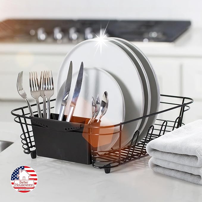 Better Houseware in Sink Dish Drying Rack, Dish Drying Rack in Sink with Non-Slip Handles, Stainless Steel Space-Saving Design, 2-Piece Set with Utensil Holder, 14.5 x 13 x 5 Inch, Black - Image 2