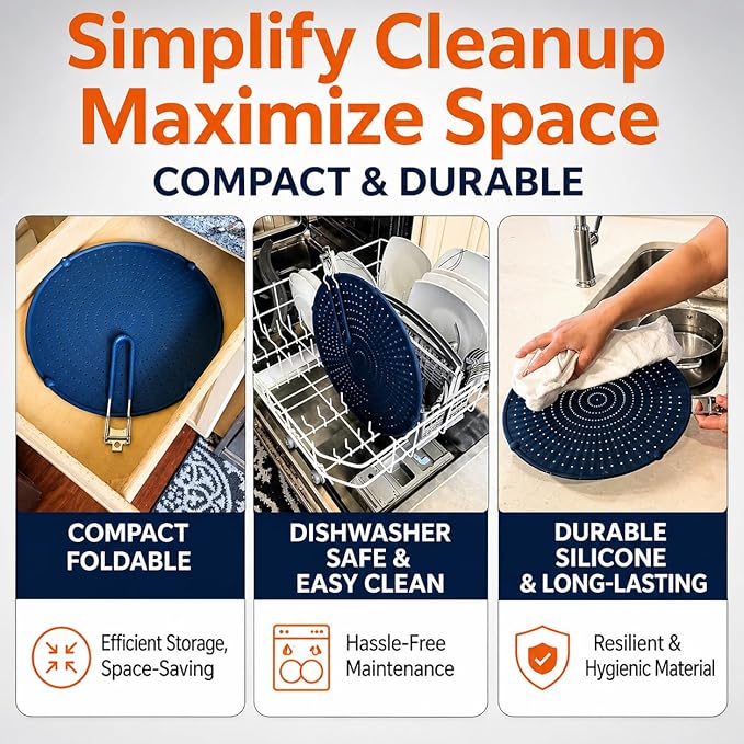 Silicone Splatter Screen for Frying Pan, 13” Navy – Grease & Oil Splatter Guard, Heat Resistant, Dishwasher Safe, Foldable Handle with Sleeves – Splash Guard Fits 10–12” Pans, Most 13” Skillets - Image 6