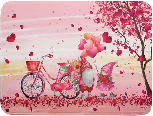 Pink Heart Valentine's Day Gnomes Dish Drying Mat for Kitchen Counter,Pink Bicycle Love Tree Drying Mat 18 x 24 Inch with Absorbent Reversible Microfiber Dish Drying Pad Dish Rack Pad for Coffee Bar by Anyako