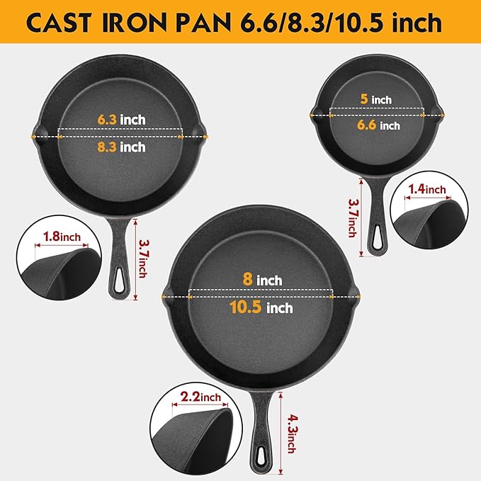 Pre-Seasoned Cast Iron Skillet Set - 3 Piece Frying Pan With Heat-Resistant Handles (6, 8, 10 Inch) for Frying, Saute, Pizza, Oven Safe (Black) - Image 2