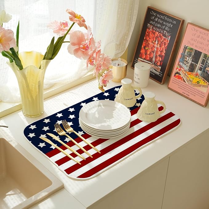 4th of July Dish Drying Mat 18 x 24 Inch Patriotic Red Stripe Navy Blue Stars Drying Mat for Kitchen Counter Absorbent Independence Day Memorial Day Dishes Dry Pad for Drainer Rack Kitchen Fast Dry