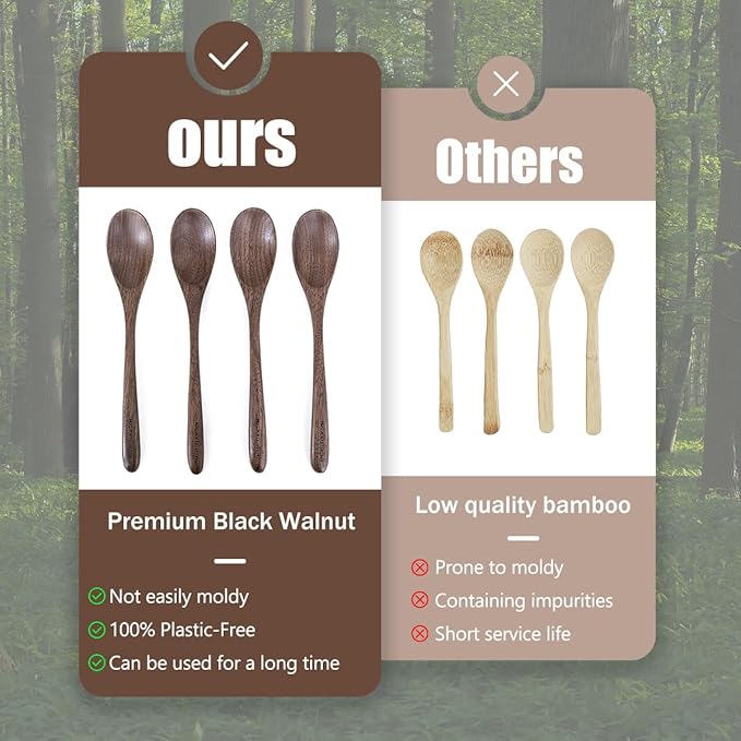 4 Pcs Small Black Walnut Wood Spoons for Eating Ice Cream, Desserts, honey, Coffee & More, Premium Wooden Spoons Set, Japanese Style Kitchenware