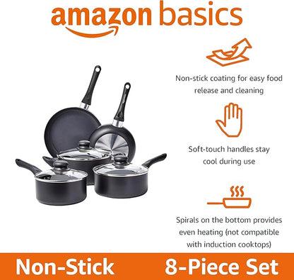 Amazon Basics Ceramic Non-Stick Cookware 8-Piece Set, Pots and Pans, Black - Image 2