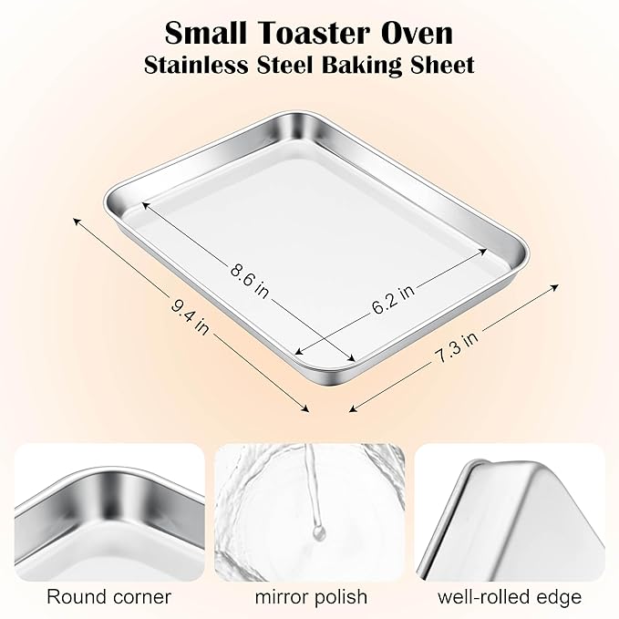 E-far Mini Toaster Oven Tray, 9.4”x7.3” Stainless Steel Baking Cookie Sheet, Small Non-toxic Metal Baking Pan for Cake, Rust Free & Warp Free, Mirror Finish & Dishwasher Safe, 1 Pack - Image 2