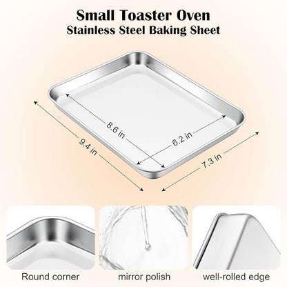 E-far Mini Toaster Oven Tray, 9.4”x7.3” Stainless Steel Baking Cookie Sheet, Small Non-toxic Metal Baking Pan for Cake, Rust Free & Warp Free, Mirror Finish & Dishwasher Safe, 1 Pack - Image 2