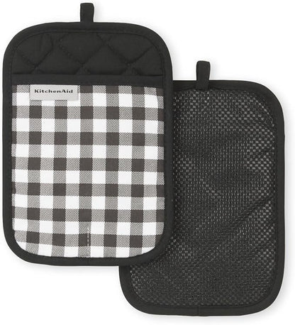 KITCHENAID Gingham Pot Holder 2-Pack Set, Matte Black, 7"x10"