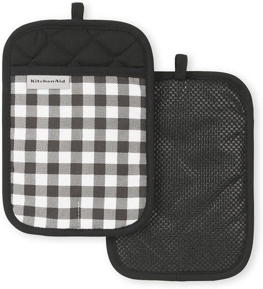 KITCHENAID Gingham Pot Holder 2-Pack Set, Matte Black, 7"x10"