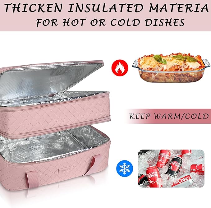 Quilted Double Decker Casserole Carrier - Expandable Dish Carrying Case for Hot or Cold Food, Lasagna Holder for Potluck Parties, Picnic, Beach, Fits 9"×13" Baking Dish (Pink)