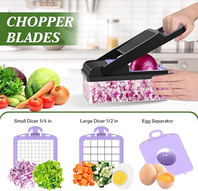 HomeHacks Vegetable Chopper Vegetable Cutter, 12 in 1 Kitchen Gadget, Dicer, Slicer, Onion Cutter, Salad, Cheese Grater & Egg Separator - Multi-Functional Veggie Chopper Lid with Handle (Purple) - Image 2