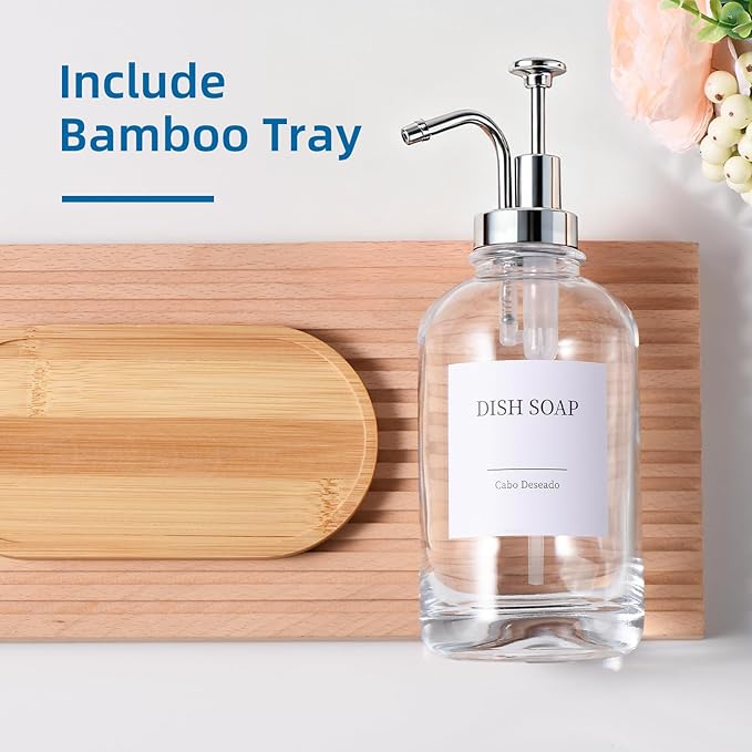 Glass Soap Dispenser with Pump, Dish and Hand Soap Dispenser for Kitchen Bathroom Set, Clear Glass Dispenser Set of 2 Pack with 18 Stickers Funnel Bamboo Tray 500ml 18oz / Each Bottle Sliver Pump - Image 6