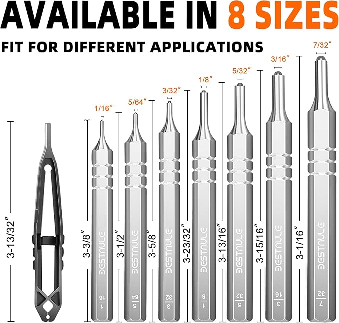 BESTNULE 8 Piece Roll Pin Punch Set, Pin Punch Set, Punch Tools with 1 Tweezers, Made of Solid Material Including Steel Punch and Tweezer, Ideal for Machinery Maintenance