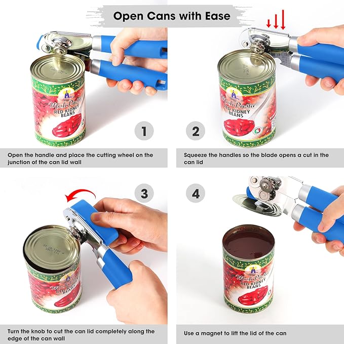 Beneno Heavy Duty Hand Can Opener Manual with Magnet, Durable Sharp Carbon Steel Blade Smooth Cutting, Big Effort-Saving Knob & Soft Grip Handle, Multifunctional Bottle Opener, Klein Blue - Image 5