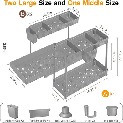 Sevenblue 3 Pack Multi-Purpose Under Sink Organizers and Storage, 2026 L-Shaped Pull Out Cabinet Organizer for Bathroom & Kitchen, Under Cabinet Organizer with Hooks Hanging Cup (Grey, 12.85 inch) - Image 6