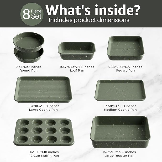 8-Piece Nonstick Bakeware Set, Stackable Oven Pan Set Includes Baking Sheet, Muffin Pan, Cake Pan, Square Pan, Loaf Pan, Cookie Sheet & Cooling Rack (Ceramic Coated Green) - Image 3